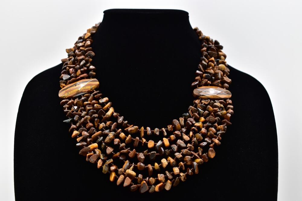 Vintage Tiger’s Eye Multi Strand Beaded Statement Necklace Brown Gemstone BinA17